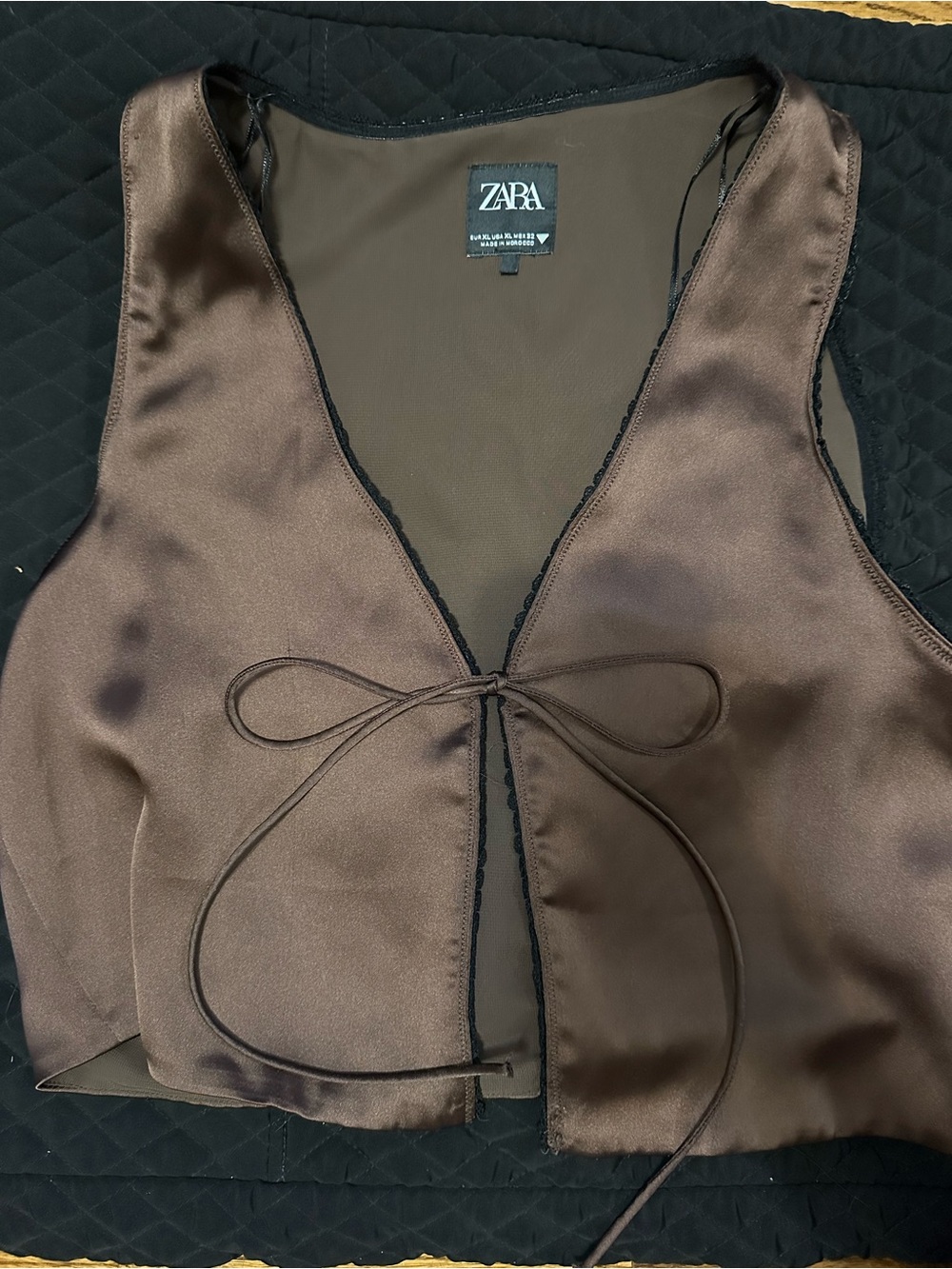 ZARA Brown Satin Tie-Front Crop Top